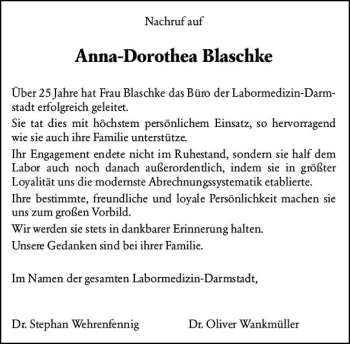 Traueranzeige von Anna-Dorothea Blaschke von vrm-trauer