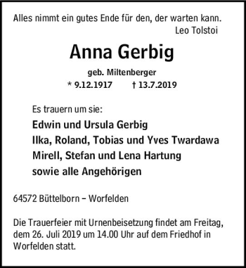 Traueranzeige von Anna Gerbig von vrm-trauer