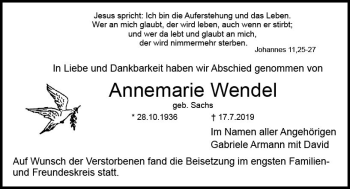 Traueranzeige von Annemarie Wendel von vrm-trauer