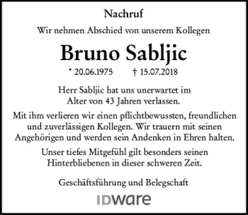 Traueranzeige von Bruno Sabljic von vrm-trauer