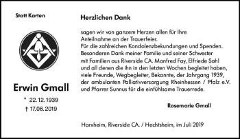 Traueranzeige von Erwin Gmall von vrm-trauer