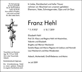 Traueranzeige von Franz Hehl von vrm-trauer