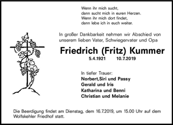 Traueranzeige von Friedrich Kummer von vrm-trauer