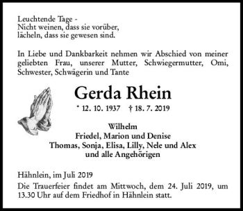 Traueranzeige von Gerda Rhein von vrm-trauer