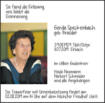 Traueranzeige von Gerda Speckenbach von vrm-trauer