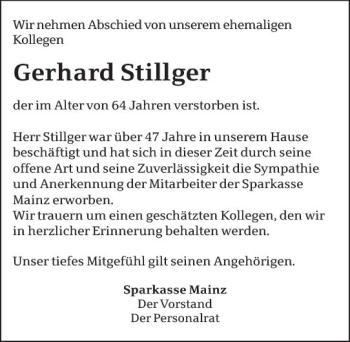 Traueranzeige von Gerhard Stillger von vrm-trauer