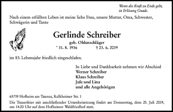 Traueranzeige von Gerlinde Schreiber von vrm-trauer