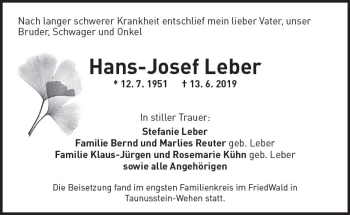 Traueranzeige von Hans-Josef Leber von vrm-trauer