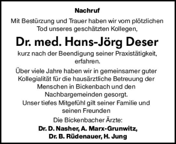 Traueranzeige von Hans-Jörg Deser von vrm-trauer