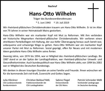 Traueranzeige von Hans-Otto Wilhelm von vrm-trauer