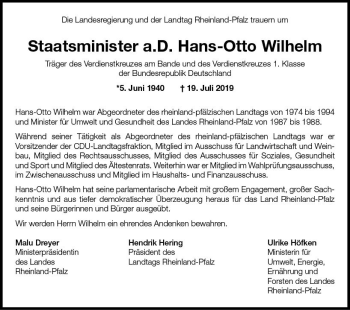 Traueranzeige von Hans-Otto Wilhelm von vrm-trauer