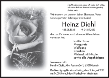 Traueranzeige von Heinz Diehl von vrm-trauer