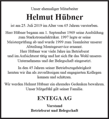 Traueranzeige von Helmut Hübner von vrm-trauer