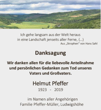Traueranzeige von Helmut Pfeffer von vrm-trauer