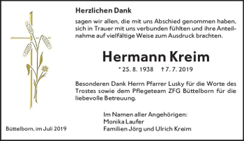 Traueranzeige von Hermann Kreim von vrm-trauer
