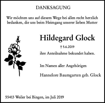 Traueranzeige von Hildegard Glock von vrm-trauer