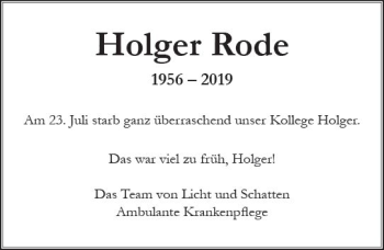 Traueranzeige von Holger Rode von vrm-trauer