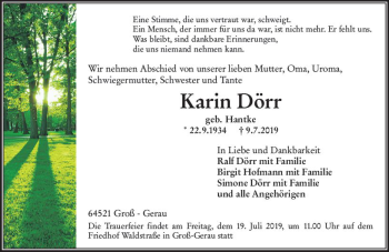 Traueranzeige von Karin Dörr von vrm-trauer