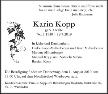 Traueranzeige von Karin Kopp von vrm-trauer