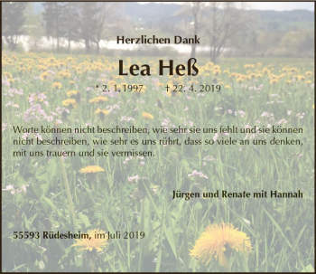 Traueranzeige von Lea Heß von vrm-trauer