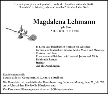Traueranzeige von Magdalena Lehmann von vrm-trauer