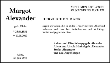 Traueranzeige von Margot Alexander von vrm-trauer