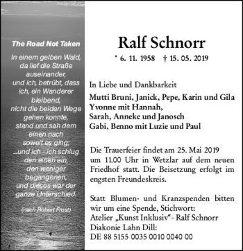 Traueranzeige von Ralf Schnorr von  WNZ - Wetzlarer Neue Zeitung ()
