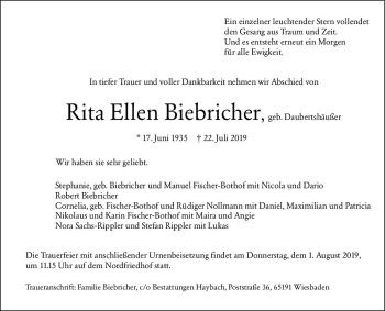 Traueranzeige von Rita Ellen Biebricher von vrm-trauer