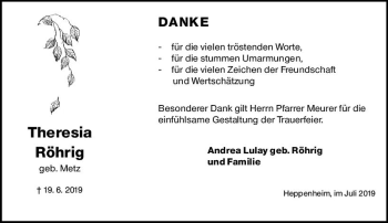 Traueranzeige von Theresia Röhrig von vrm-trauer