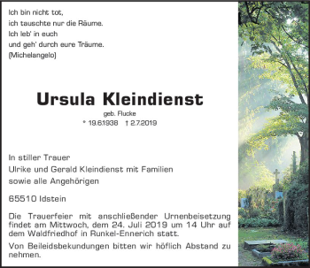 Traueranzeige von Ursula Kleindienst von vrm-trauer