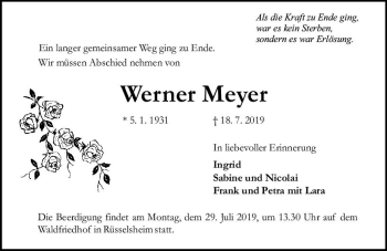 Traueranzeige von Werner Meyer von vrm-trauer