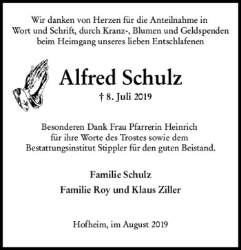 Traueranzeige von Alfred Schulz von vrm-trauer