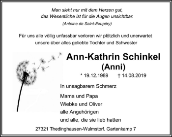Traueranzeige von Ann-Kathrin Schinkel von vrm-trauer
