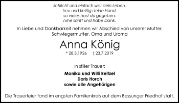 Traueranzeige von Anna König von vrm-trauer