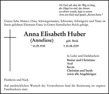 Traueranzeige von Anna Elisabeth Huber von vrm-trauer