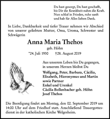 Traueranzeige von Anna Maria Thehos von vrm-trauer