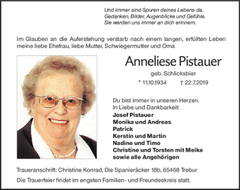 Traueranzeige von Anneliese Pistauer von vrm-trauer