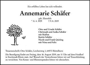 Traueranzeige von Annemarie Schäfer von vrm-trauer