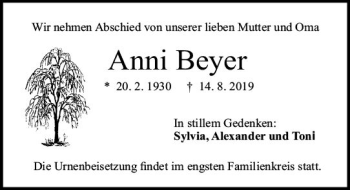 Traueranzeige von Anni Beyer von vrm-trauer