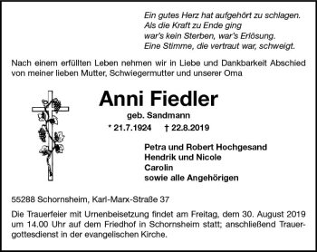 Traueranzeige von Anni Fiedler von vrm-trauer