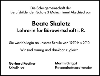 Traueranzeige von Beate Skaletz von vrm-trauer