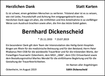 Traueranzeige von Bernhard Dickenscheid von vrm-trauer