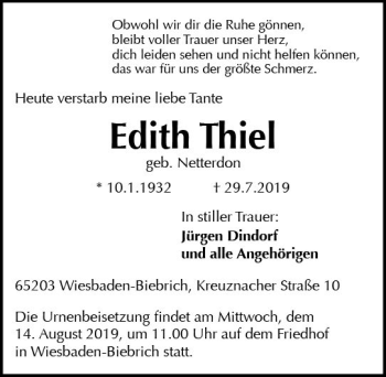 Traueranzeige von Edith Thiel von vrm-trauer