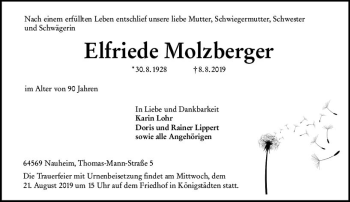 Traueranzeige von Elfriede Molzberger von vrm-trauer