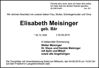 Traueranzeige von Elisabeth Meisinger von vrm-trauer