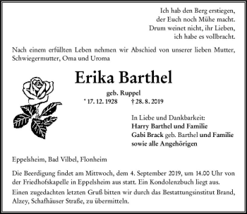 Traueranzeige von Erika Barthel von vrm-trauer