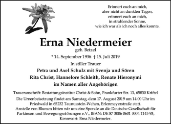 Traueranzeige von Erna Niedermeier von vrm-trauer
