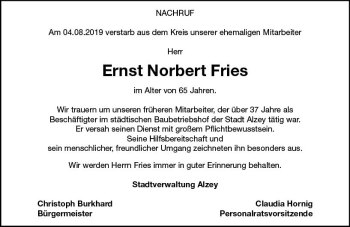 Traueranzeige von Ernst Norbert Fries von vrm-trauer
