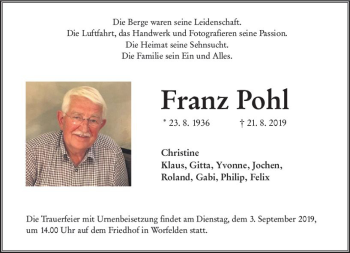 Traueranzeige von Franz Pohl von vrm-trauer