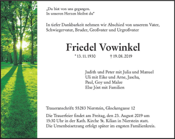 Traueranzeige von Friedel Vowinkel von vrm-trauer